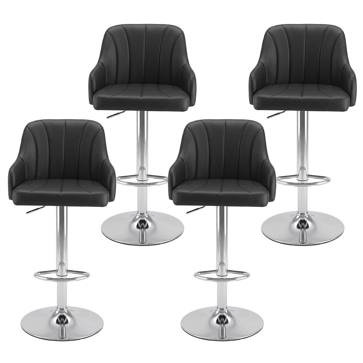 Set of 4 Gas Lift Adjustable Bar Stools with Curved Striped Backrest - Black