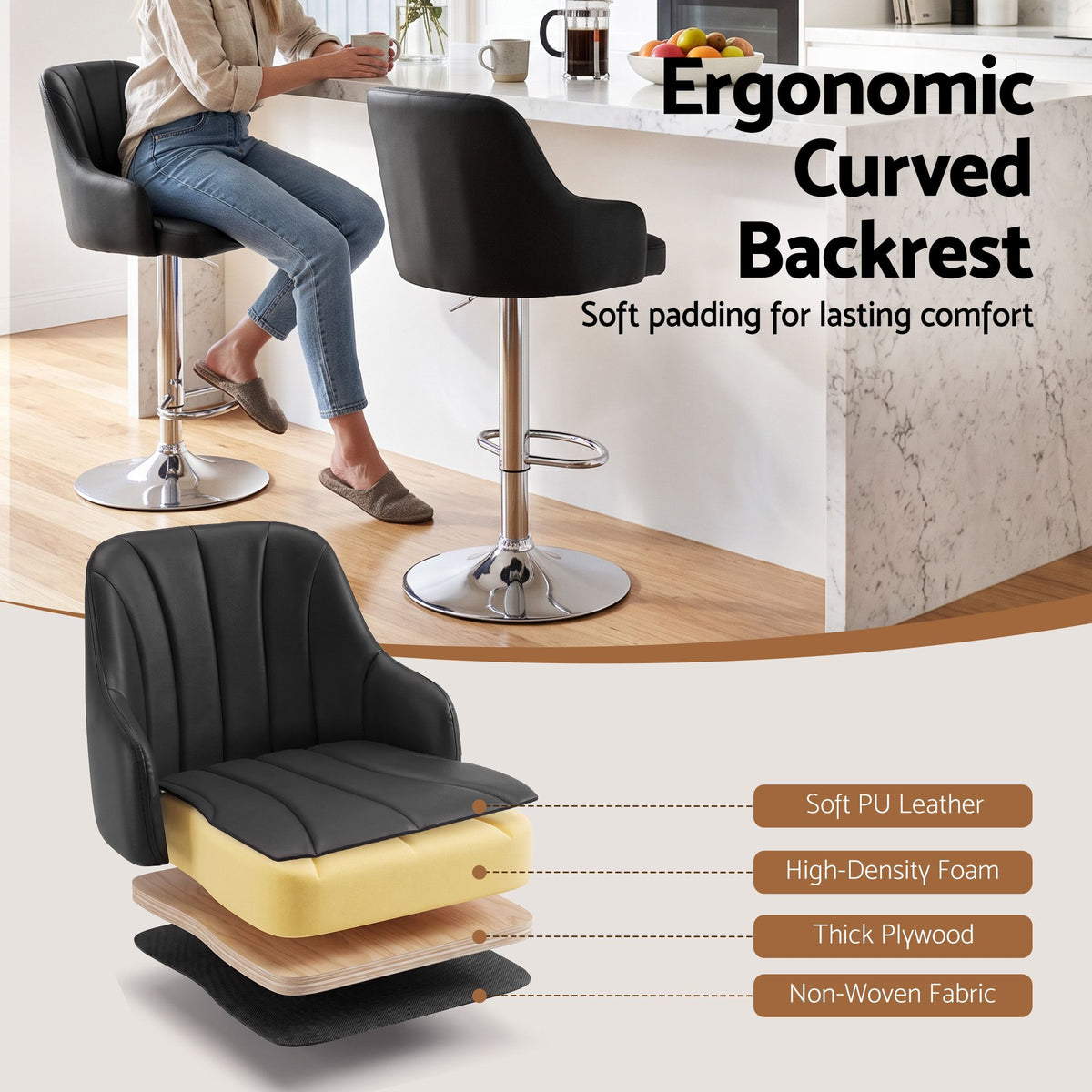 Set of 4 Gas Lift Adjustable Bar Stools with Curved Striped Backrest - Black