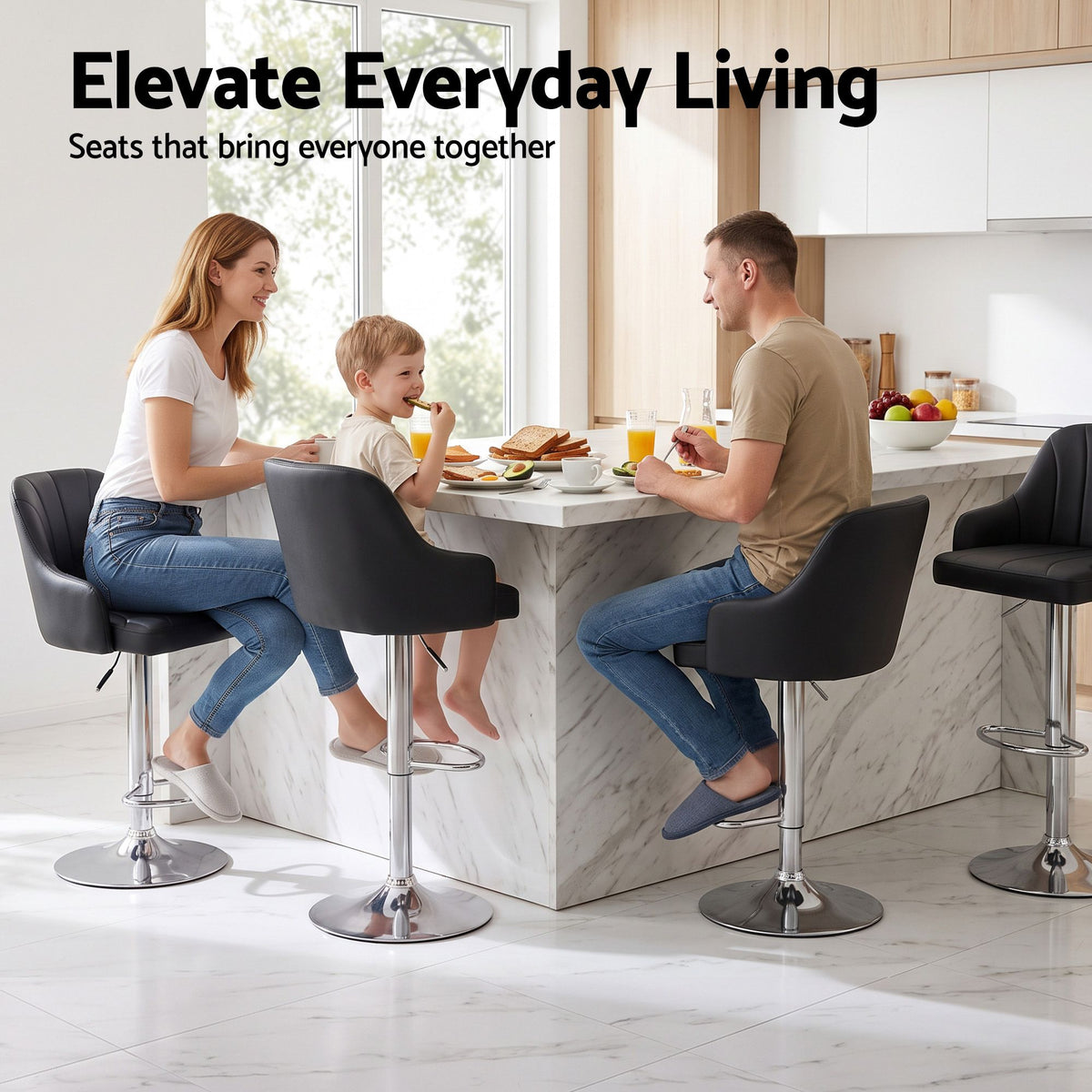 Set of 4 Gas Lift Adjustable Bar Stools with Curved Striped Backrest - Black