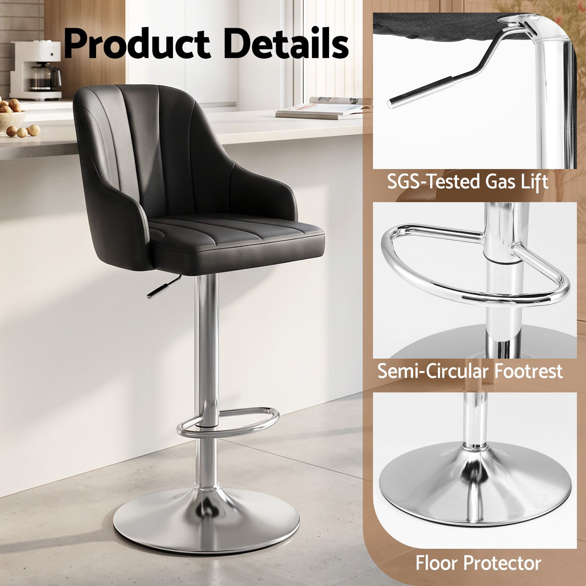 Set of 4 Gas Lift Adjustable Bar Stools with Curved Striped Backrest - Black