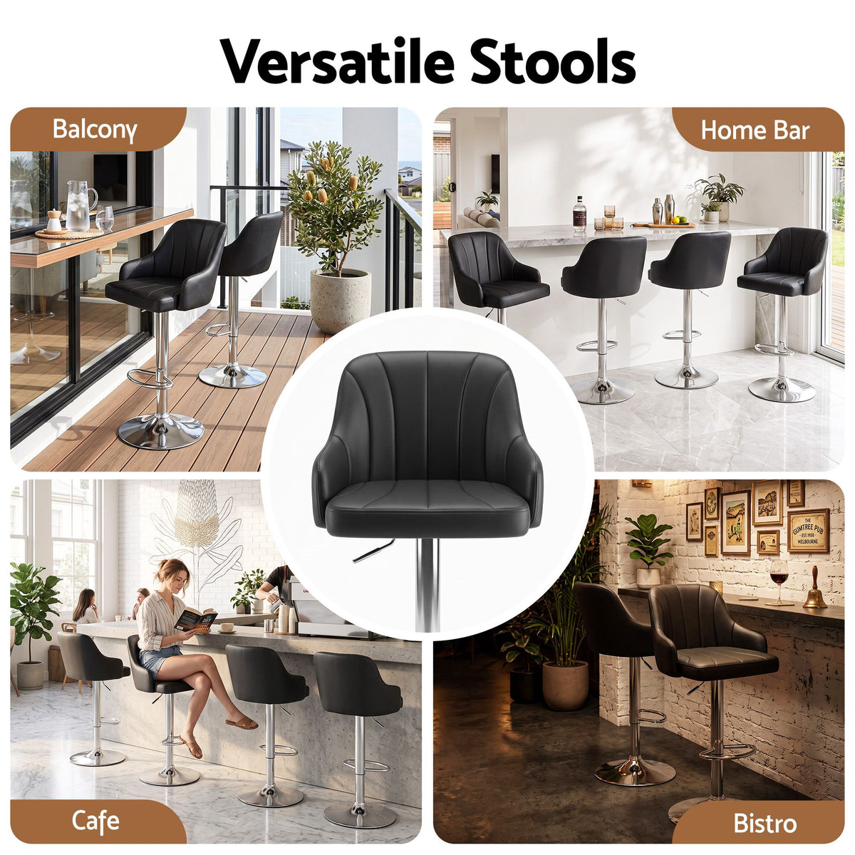 Set of 4 Gas Lift Adjustable Bar Stools with Curved Striped Backrest - Black