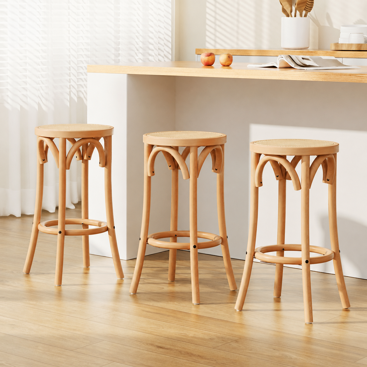 Set of 3 Wooden Kitchen Bar Stools 65cm - Pine