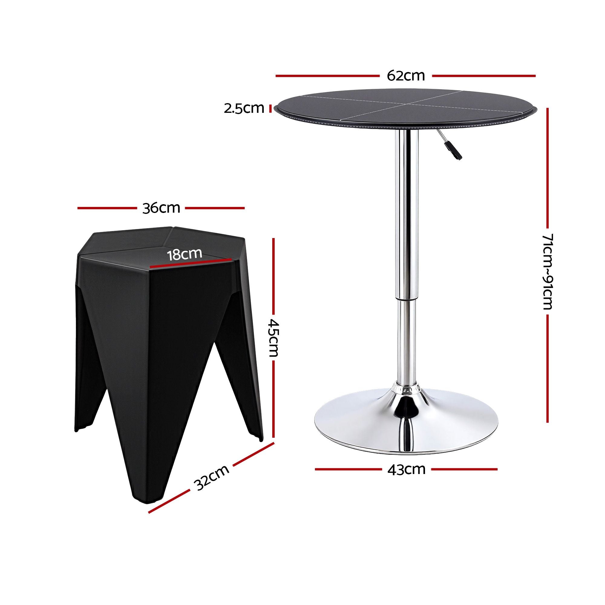 Bar Stools and Table Set 3PCS Dining Desk Kitchen Chair PVC Leather Black