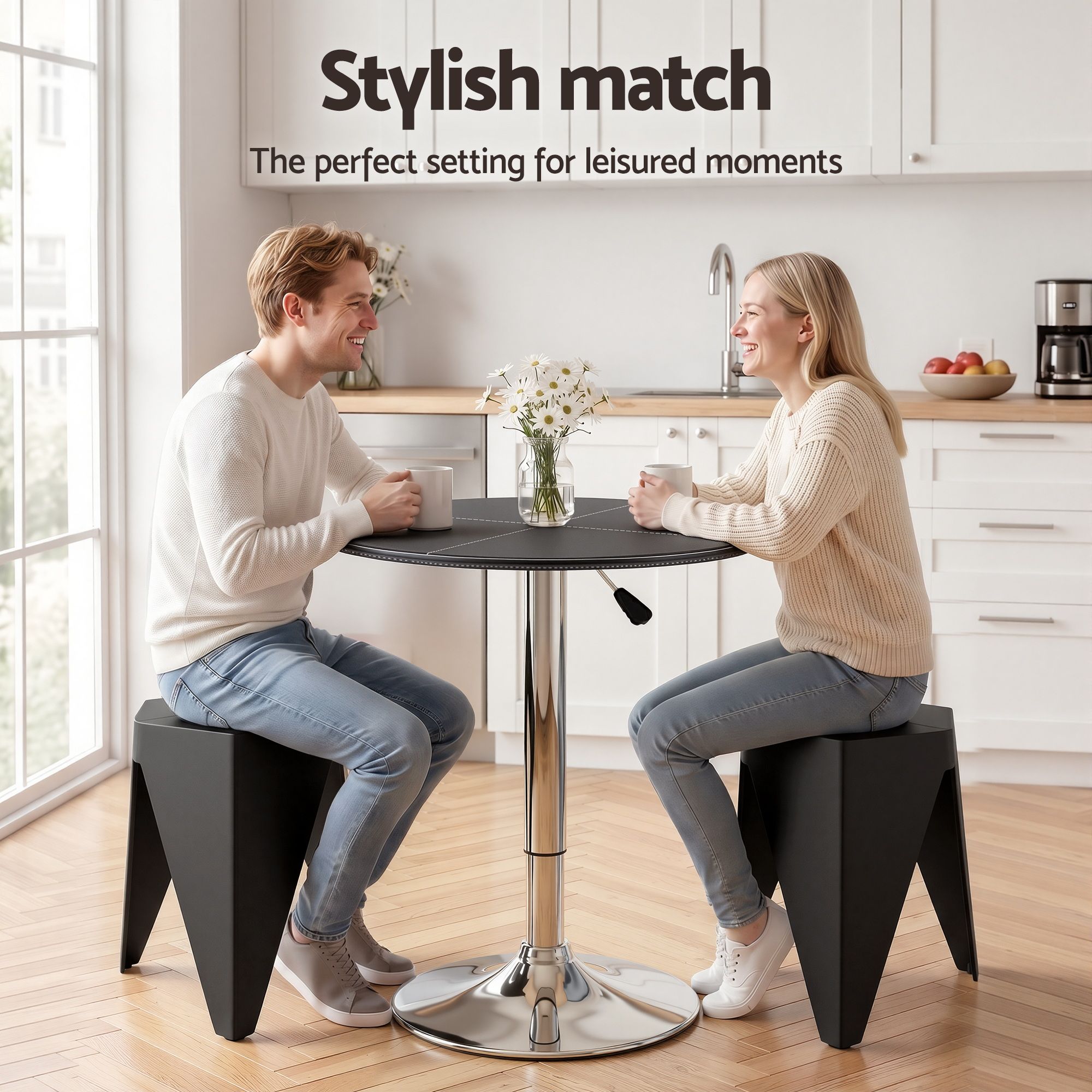 Bar Stools and Table Set 3PCS Dining Desk Kitchen Chair PVC Leather Black