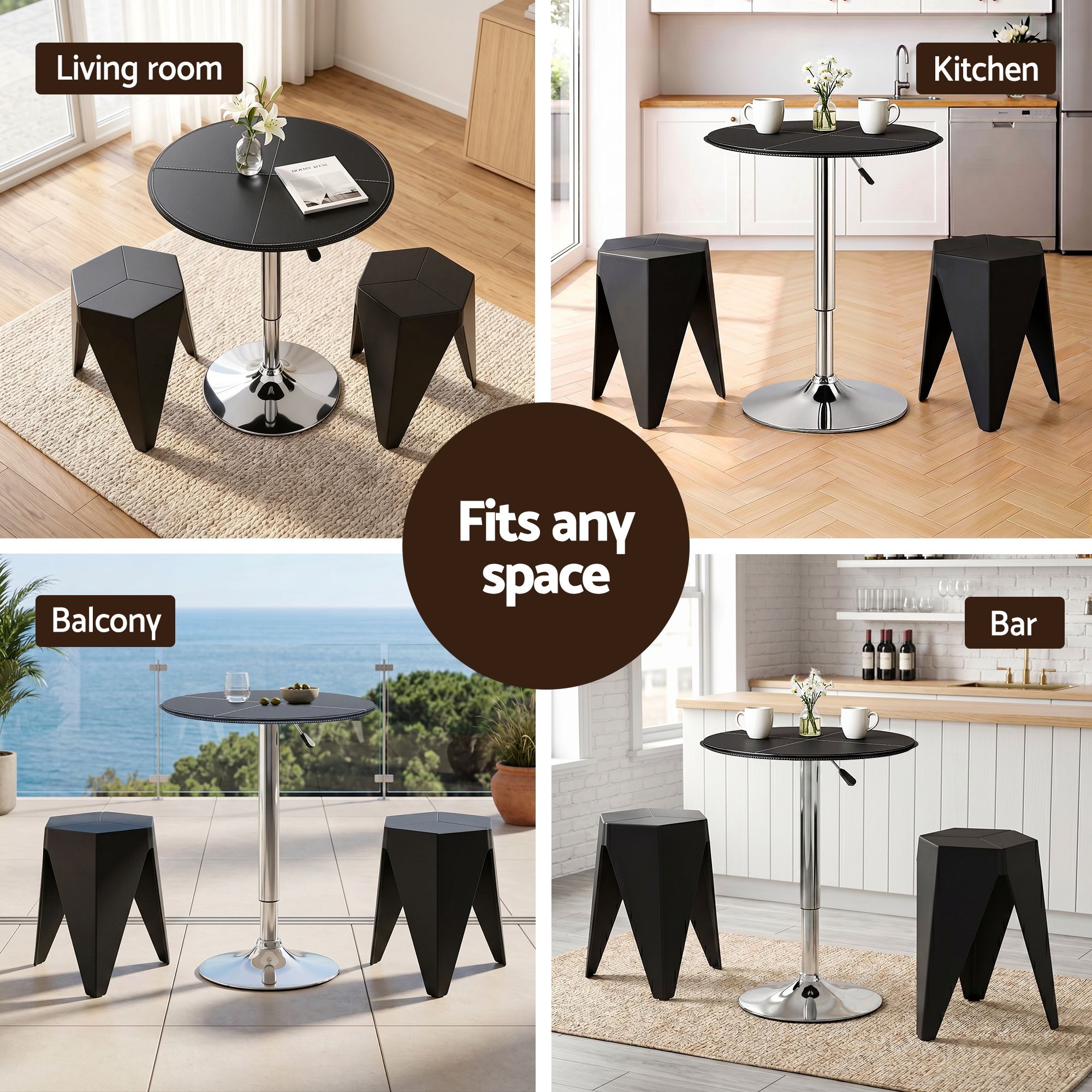 Bar Stools and Table Set 3PCS Dining Desk Kitchen Chair PVC Leather Black