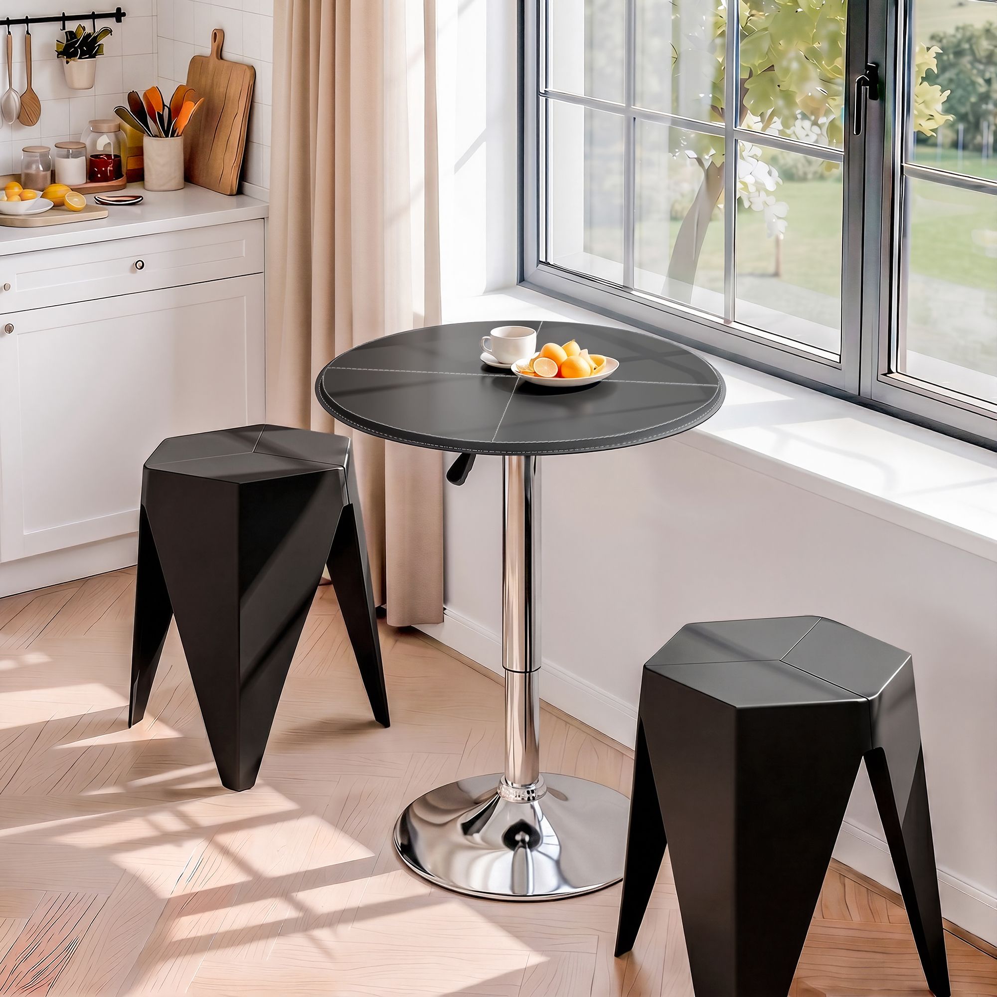 Bar Stools and Table Set 3PCS Dining Desk Kitchen Chair PVC Leather Black