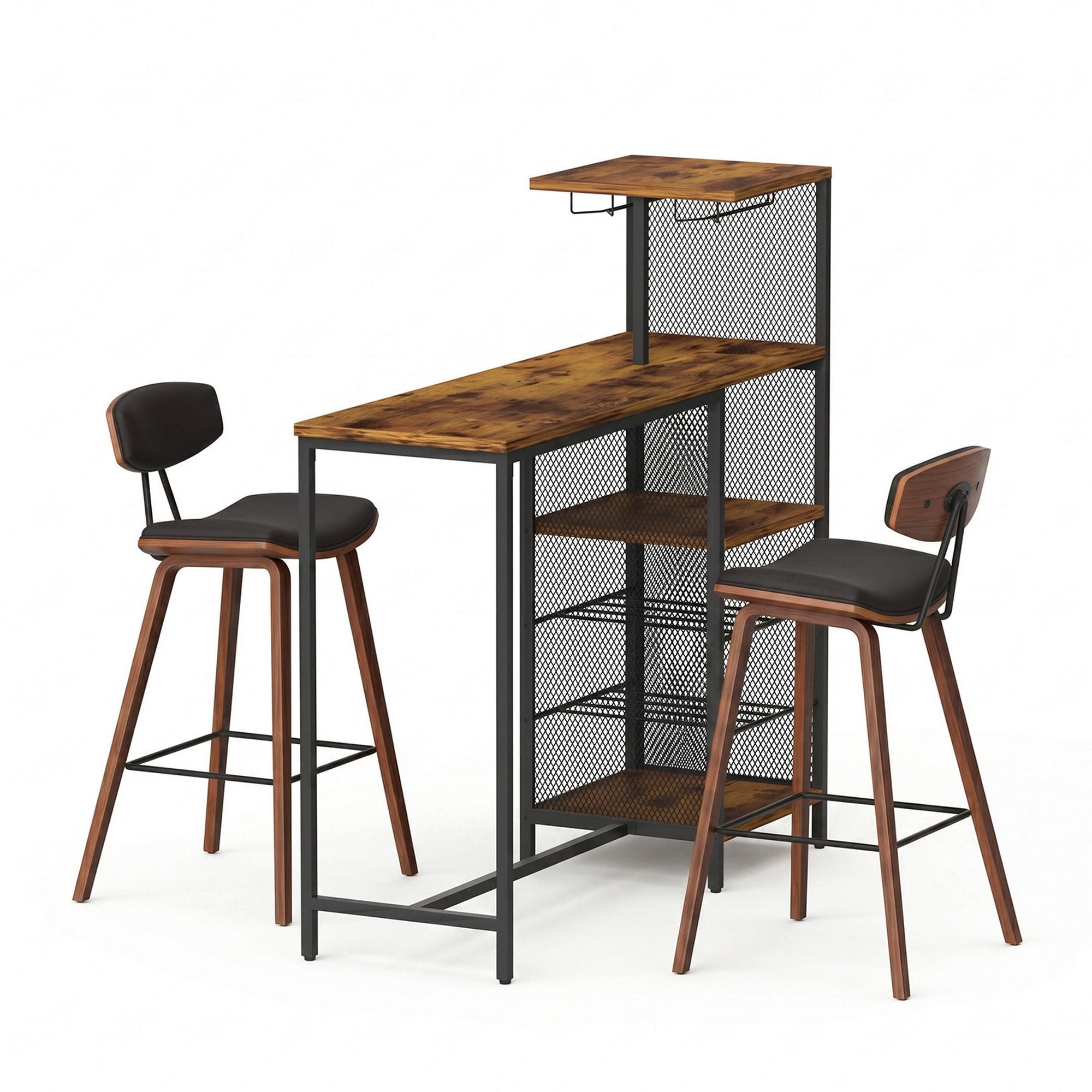 3-Piece Bar Table and Stools Set with Wine Rack - Walnut