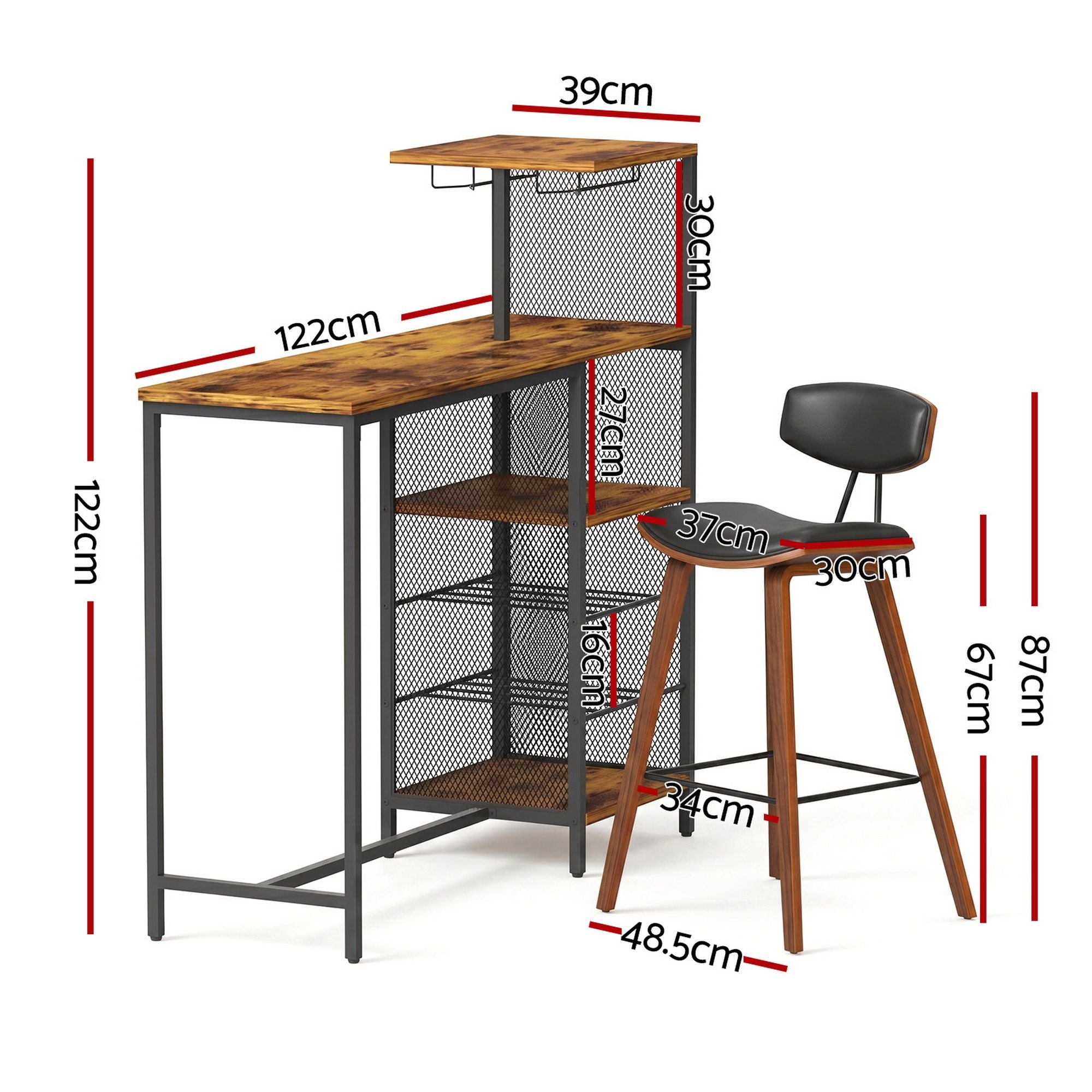 3-Piece Bar Table and Stools Set with Wine Rack - Walnut