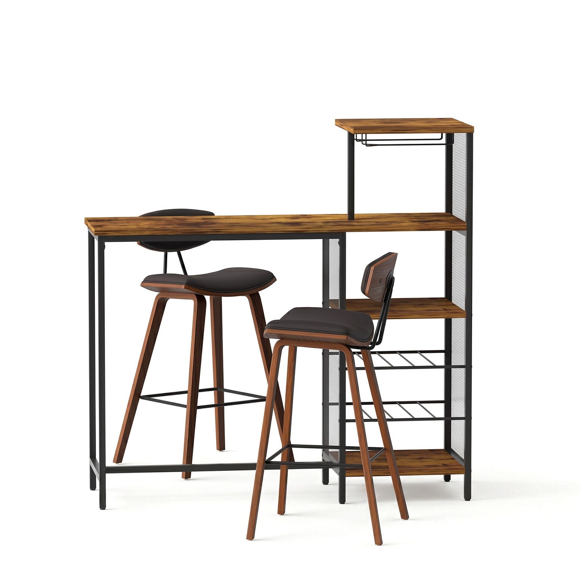 3-Piece Bar Table and Stools Set with Wine Rack - Walnut