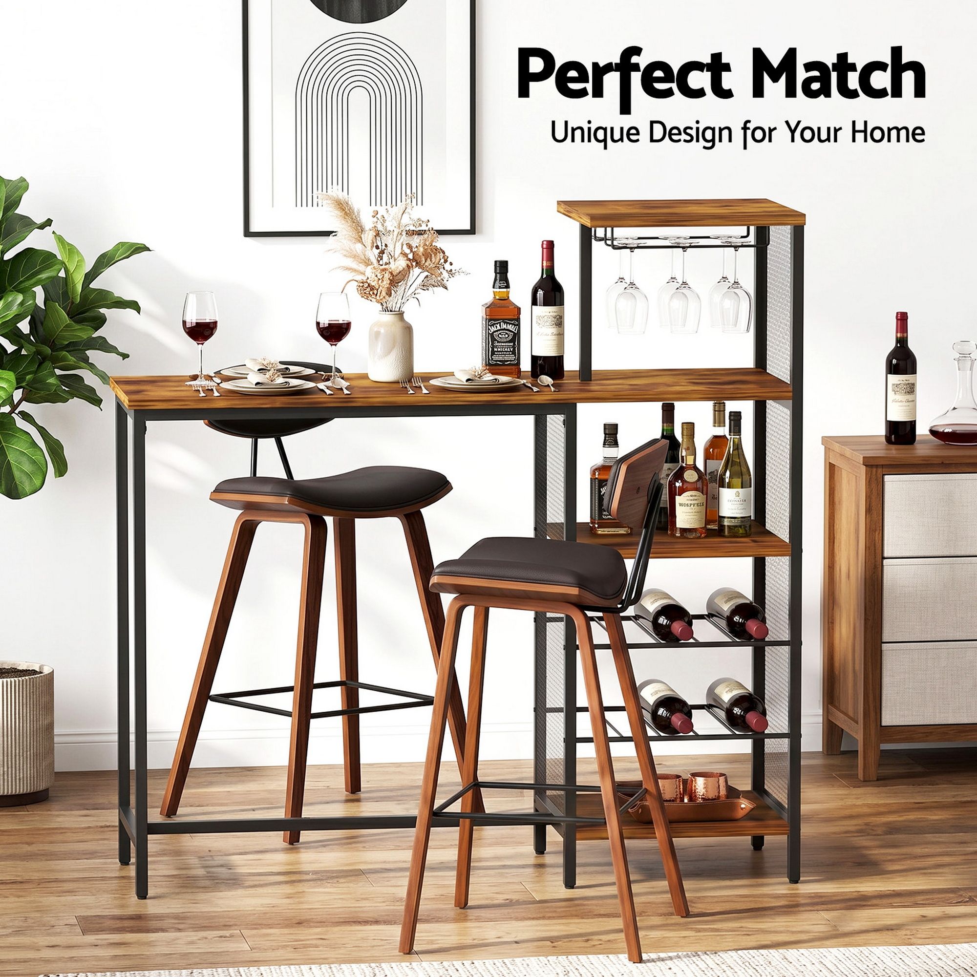 3-Piece Bar Table and Stools Set with Wine Rack - Walnut
