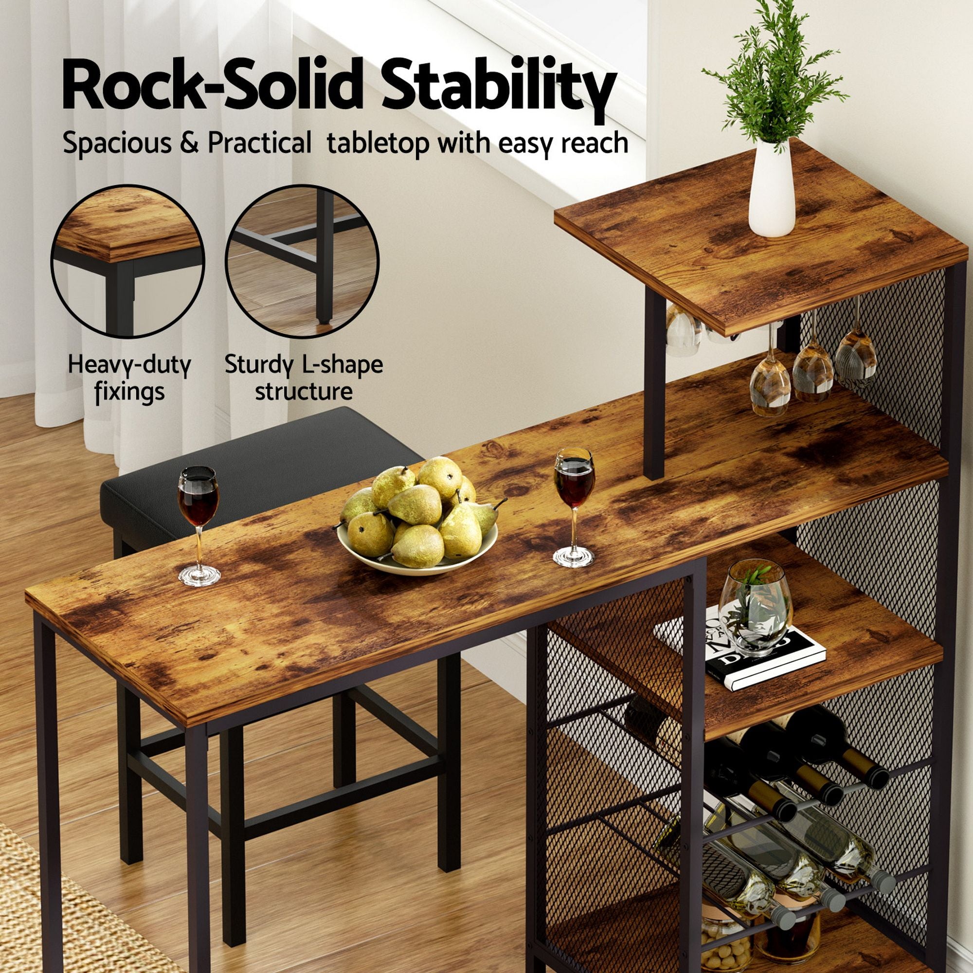 3-Piece Bar Table and Stools Set with Wine Rack - Walnut