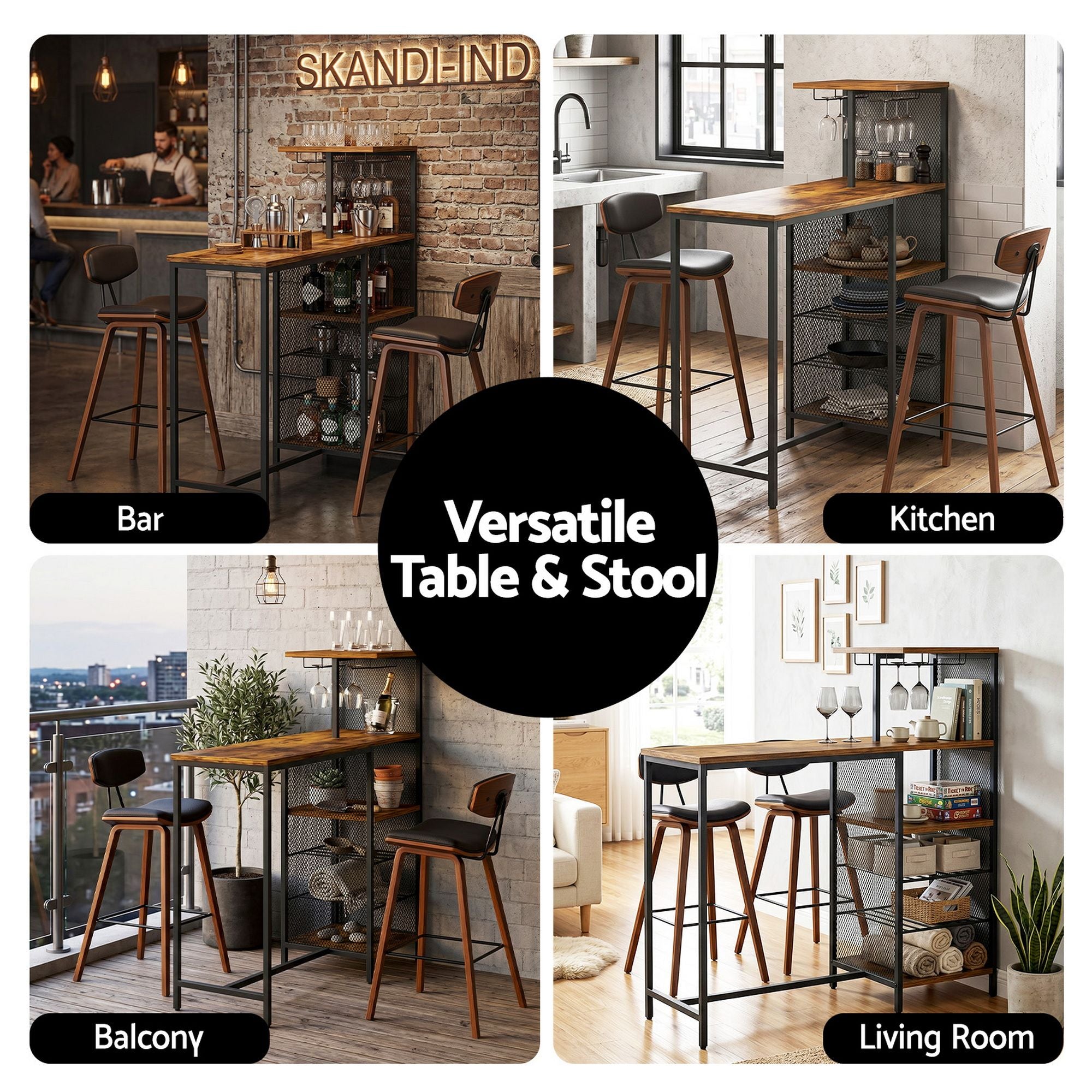 3-Piece Bar Table and Stools Set with Wine Rack - Walnut