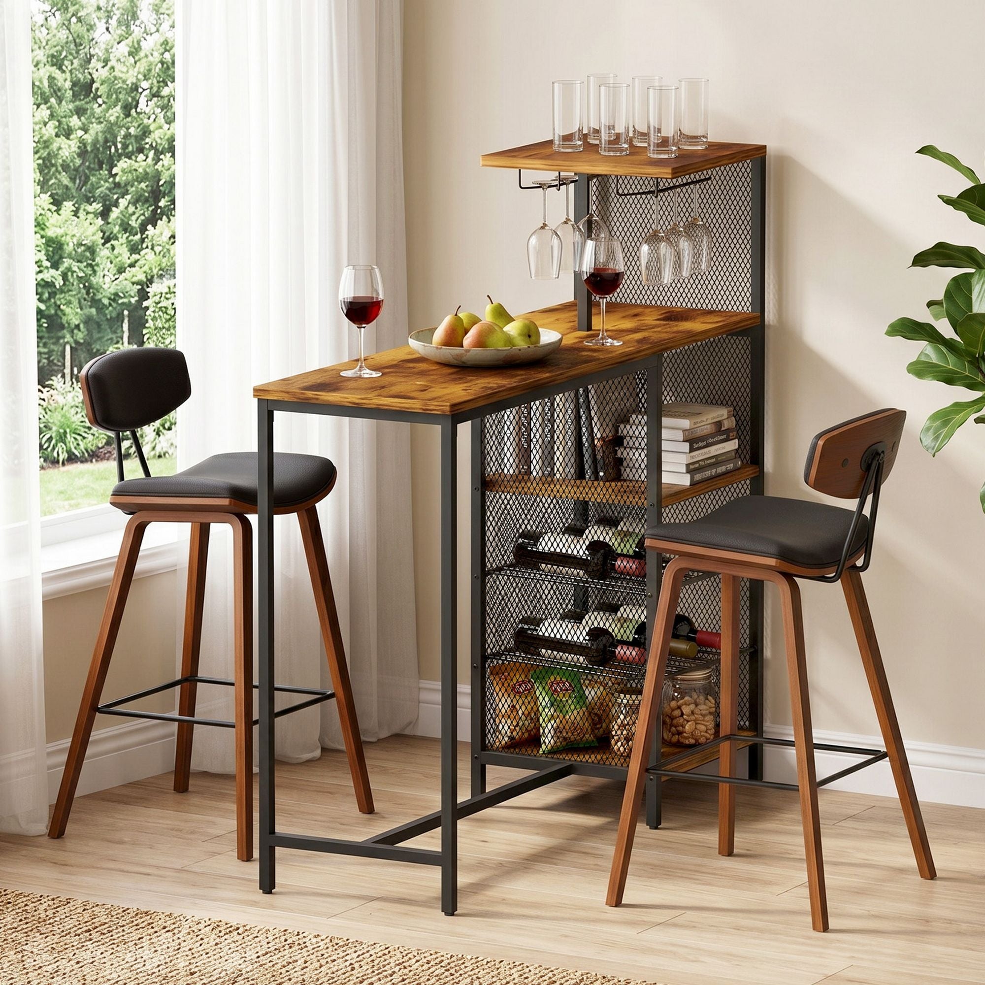 3-Piece Bar Table and Stools Set with Wine Rack - Walnut