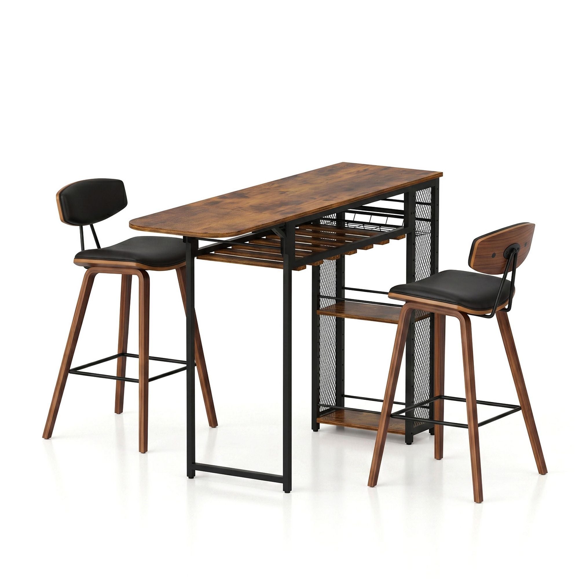 3PCS Bar Table and Stools Set Solid Wood Kitchen Dining Chairs - Walnut