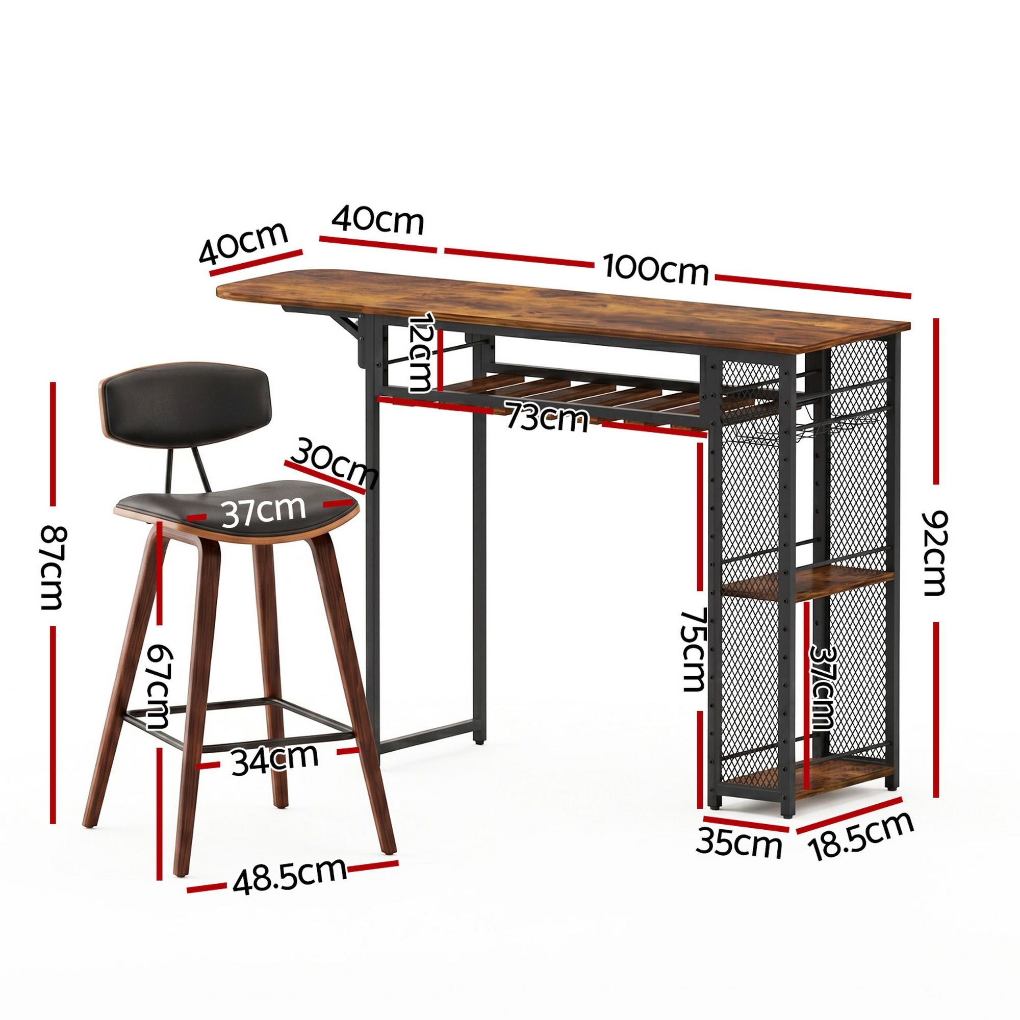 3PCS Bar Table and Stools Set Solid Wood Kitchen Dining Chairs - Walnut