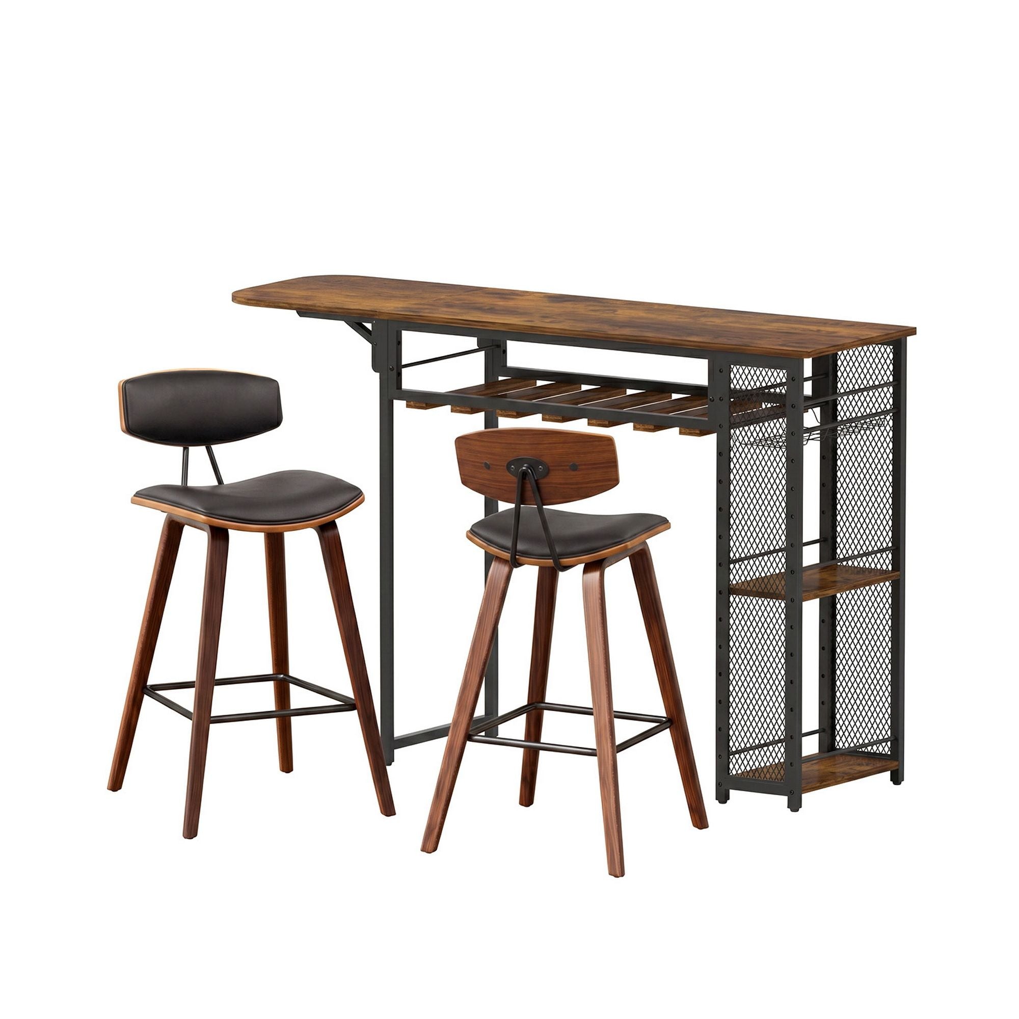3PCS Bar Table and Stools Set Solid Wood Kitchen Dining Chairs - Walnut
