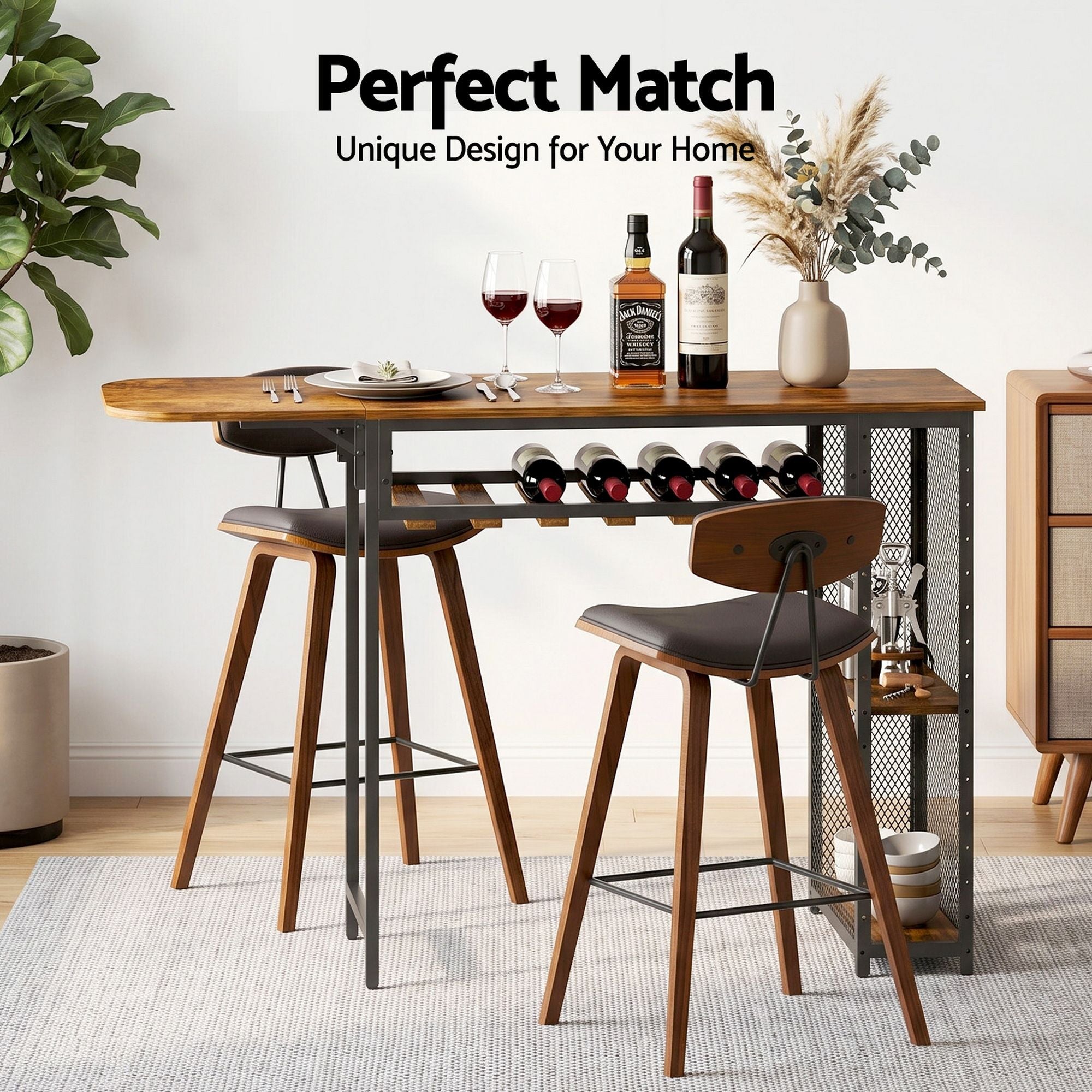 3PCS Bar Table and Stools Set Solid Wood Kitchen Dining Chairs - Walnut