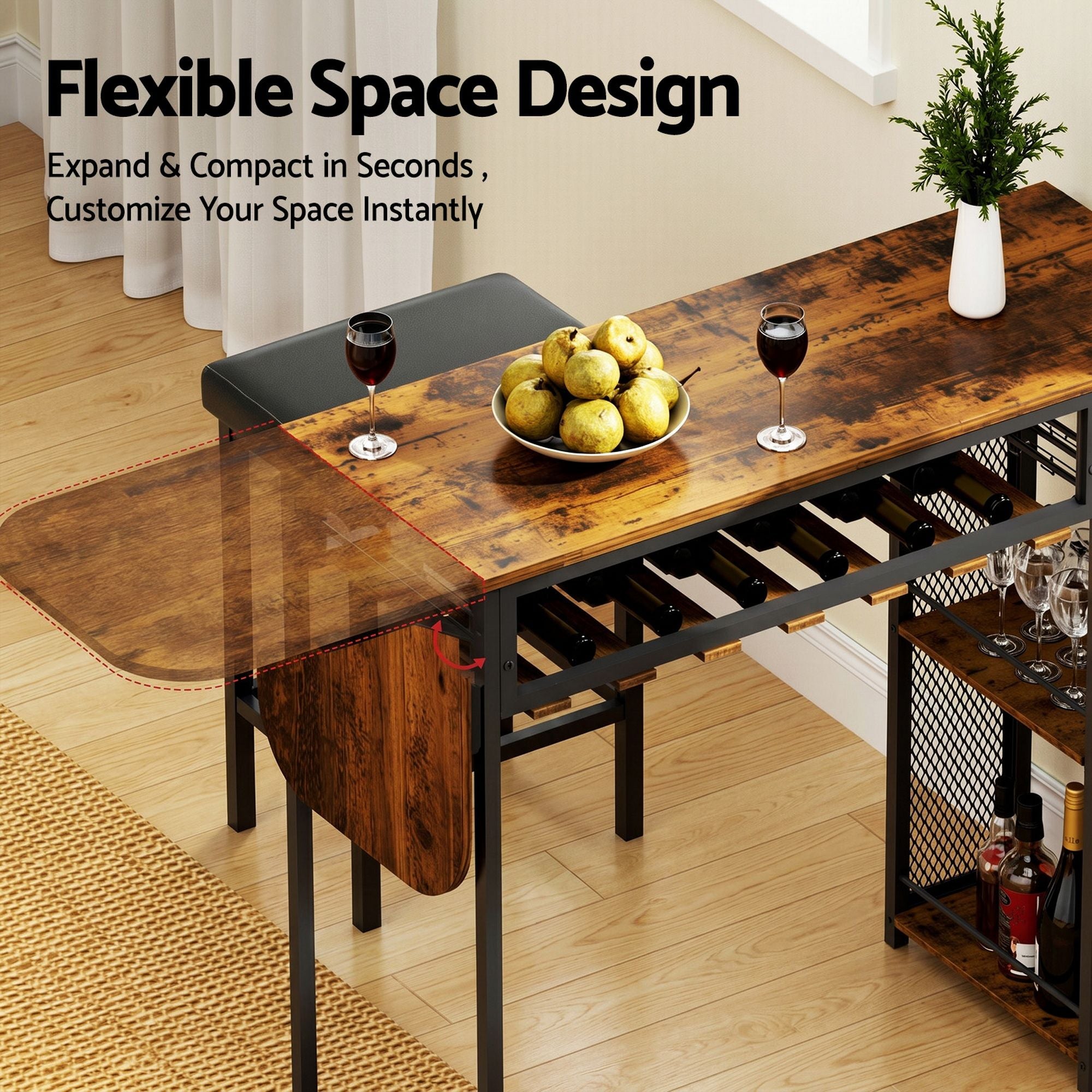 3PCS Bar Table and Stools Set Solid Wood Kitchen Dining Chairs - Walnut