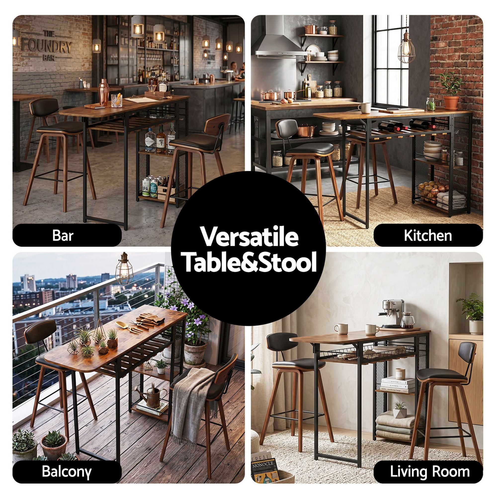 3PCS Bar Table and Stools Set Solid Wood Kitchen Dining Chairs - Walnut