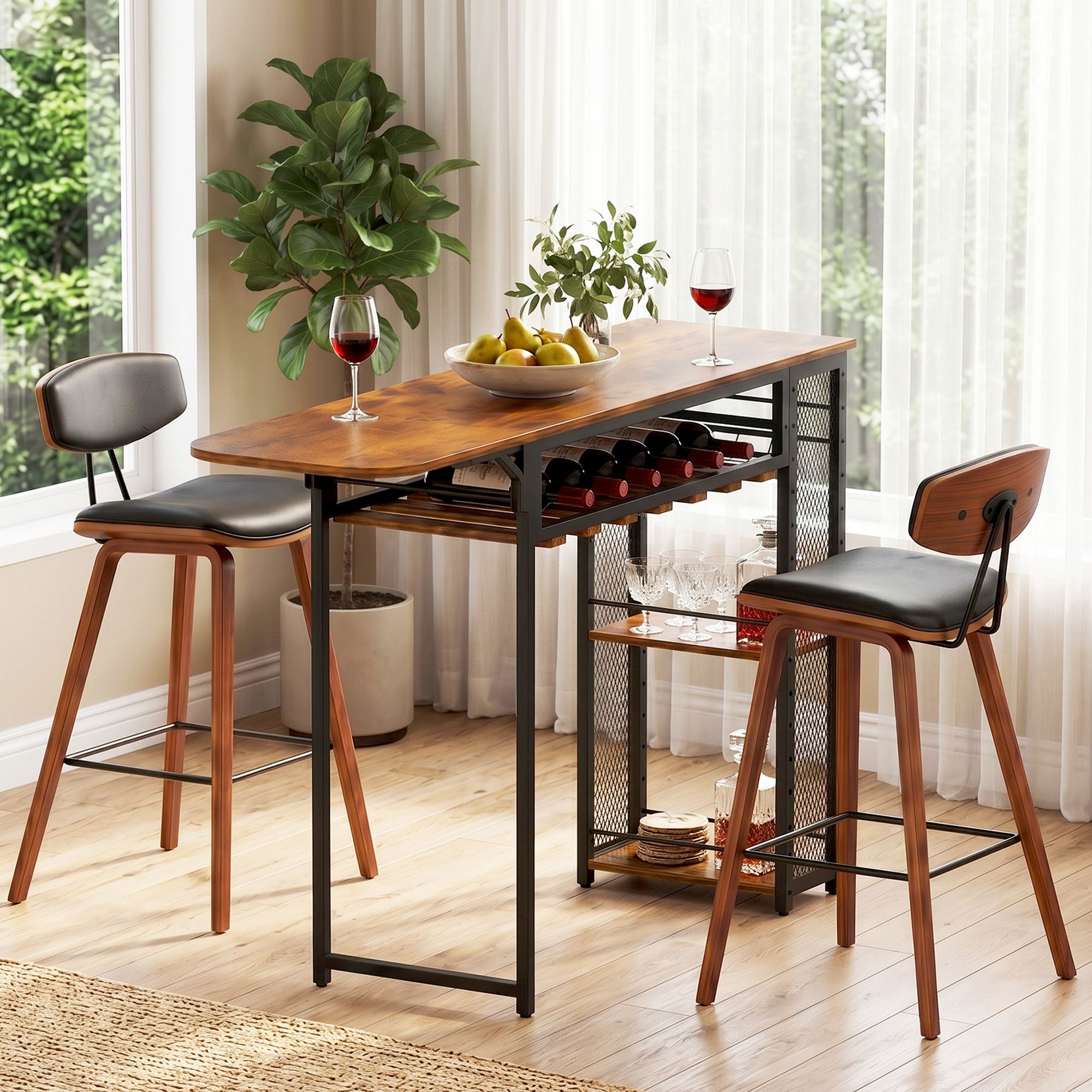 3PCS Bar Table and Stools Set Solid Wood Kitchen Dining Chairs - Walnut