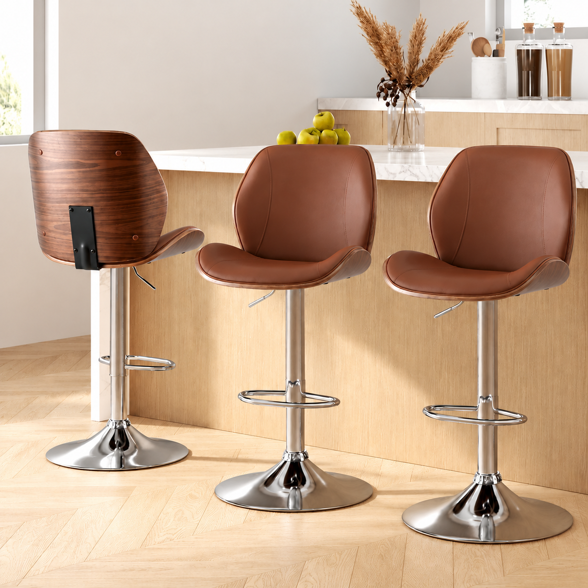 Set of 3 Adjustable Bentwood Bar Stools with PU Leather Seat - Brown
