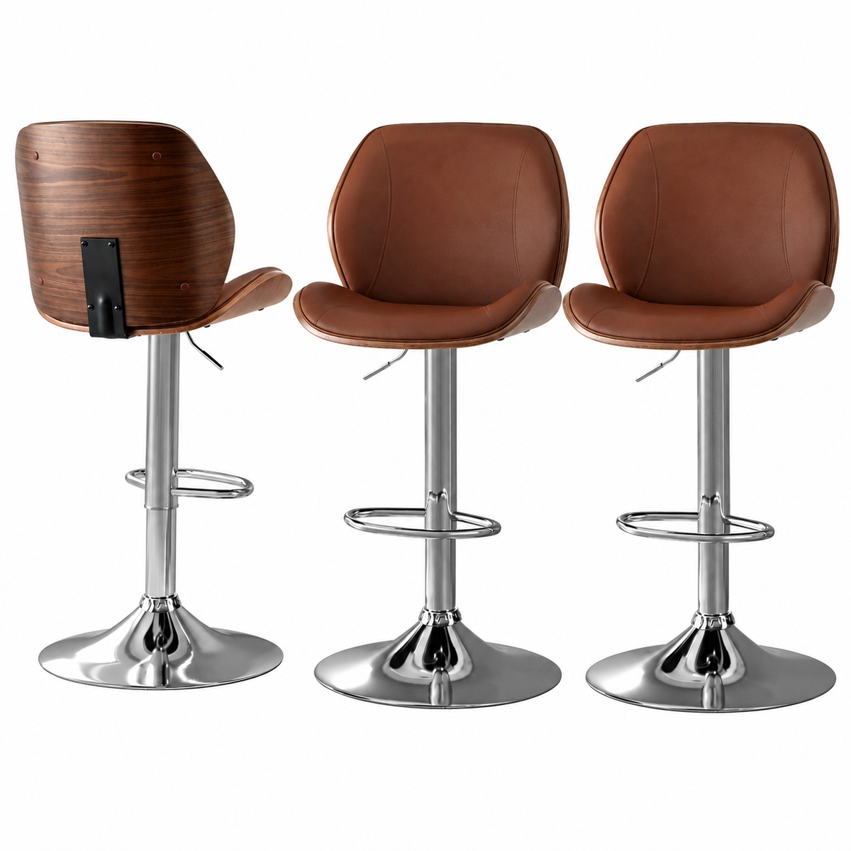 Set of 3 Adjustable Bentwood Bar Stools with PU Leather Seat - Brown
