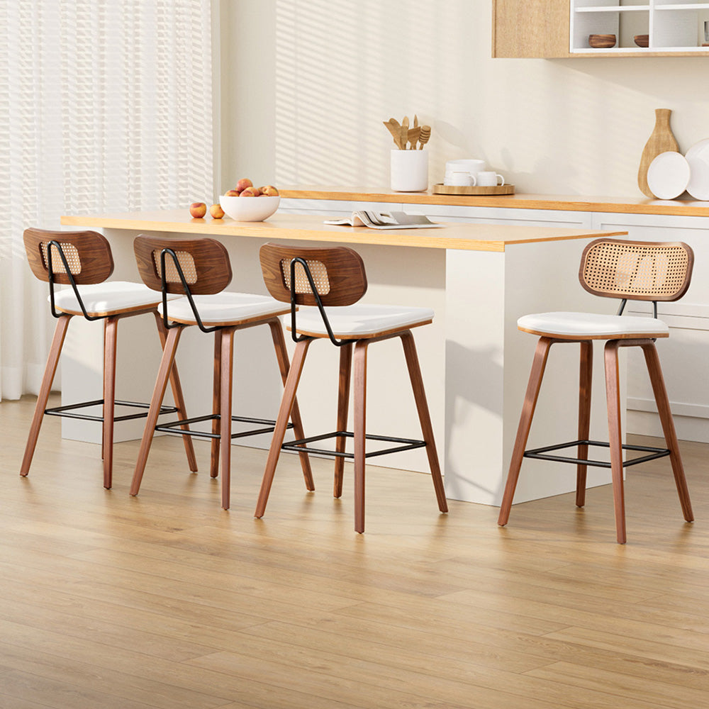 Set of 4 Coralie Rattan Back Bar Stools – Beige & Walnut