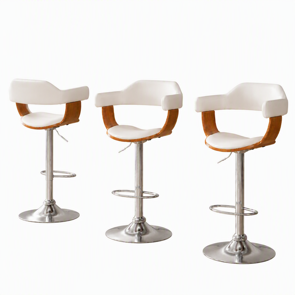 Set of 3 Swivel Gas Lift Bar Stools PU Seat Adjustable Height - White