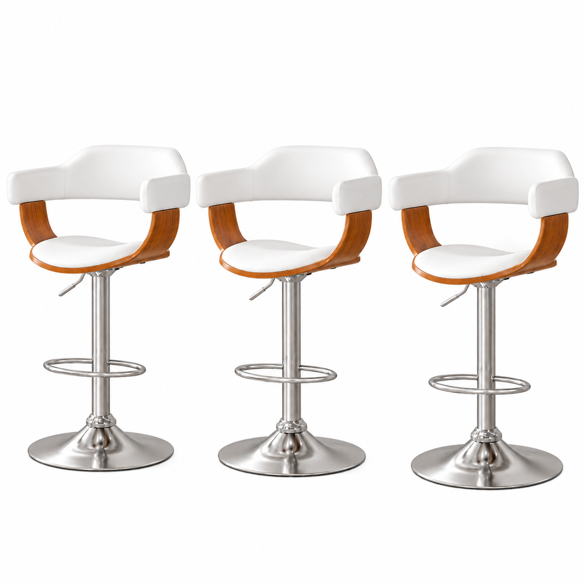 Set of 3 Swivel Gas Lift Bar Stools PU Seat Adjustable Height - White