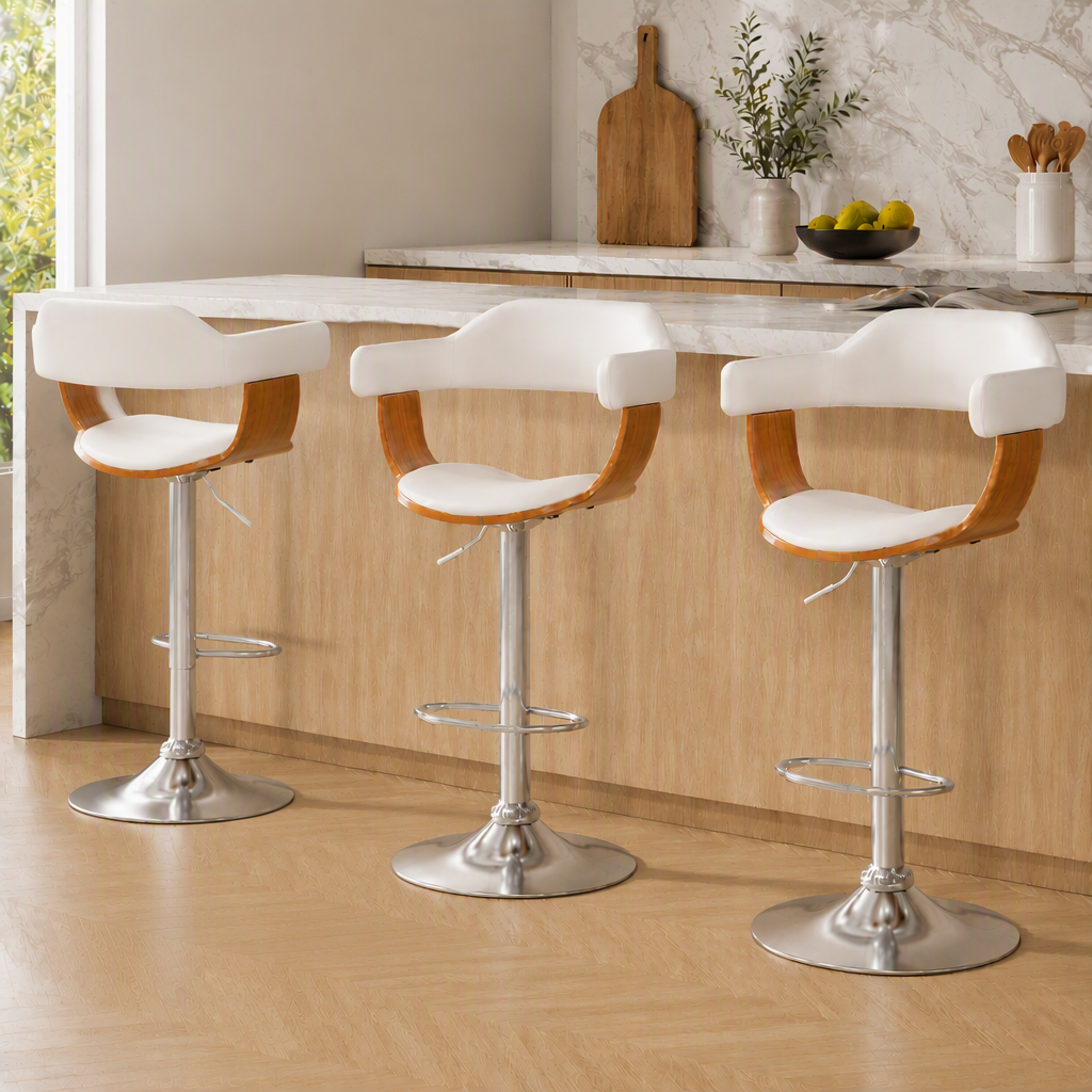 Set of 3 Swivel Gas Lift Bar Stools PU Seat Adjustable Height - White