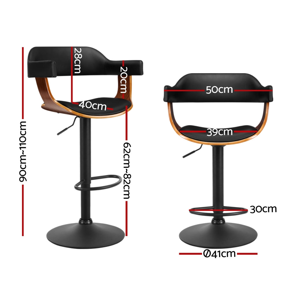 4x Bar Stools Gas Lift Leather w/Armrest All Black