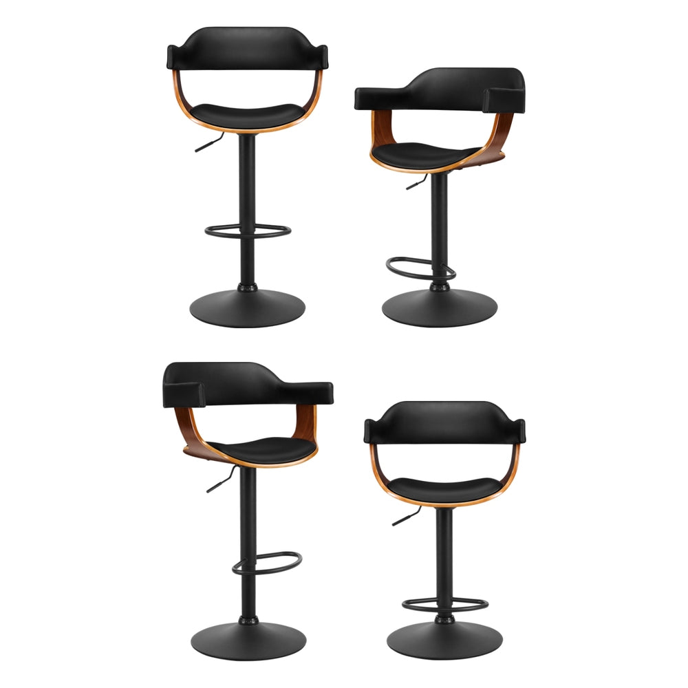 4x Bar Stools Gas Lift Leather w/Armrest All Black