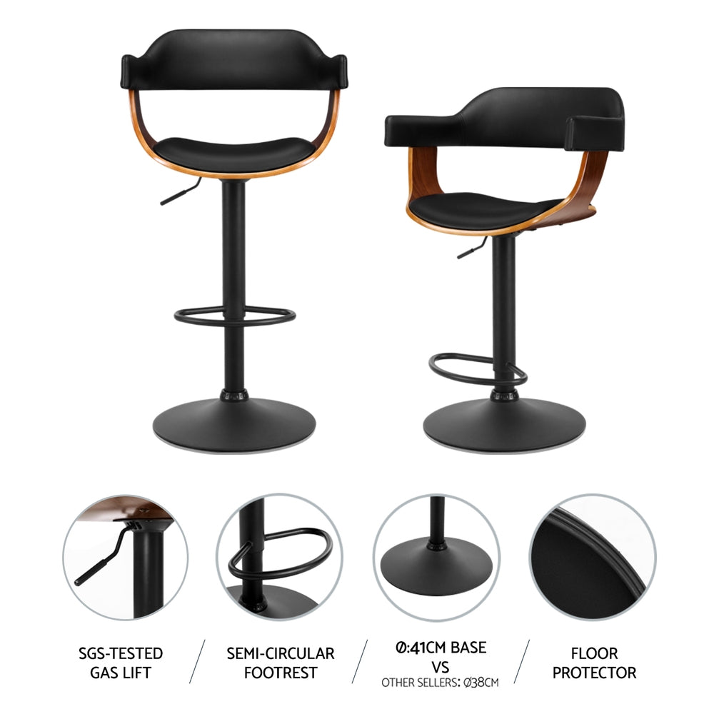 4x Bar Stools Gas Lift Leather w/Armrest All Black