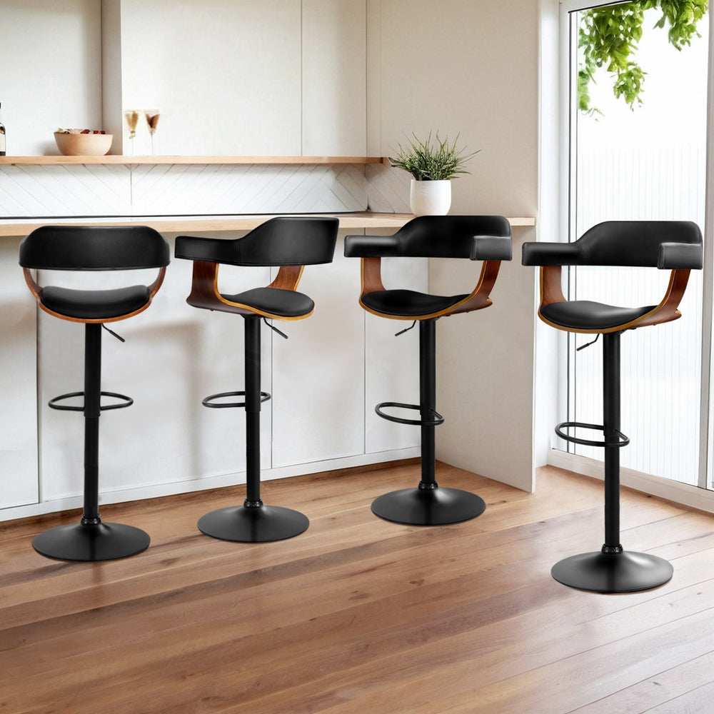 4x Bar Stools Gas Lift Leather w/Armrest All Black