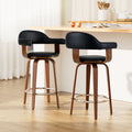 Set of 2 Bar Stools PU Leather Wooden Swivel - Wood, Chrome and Black