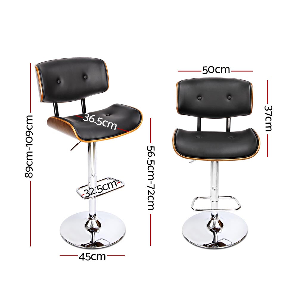 Set of 3 Hailey Wood and Leather Gas Lift Bar Stools Black and Chrome