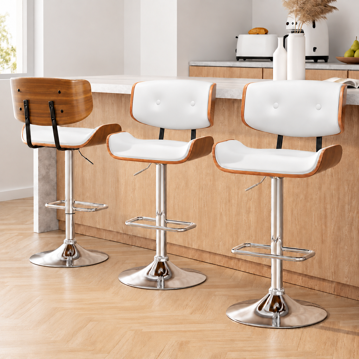 Set of 3 Swivel Gas Lift Bar Stools Kitchen Counter Chairs - White