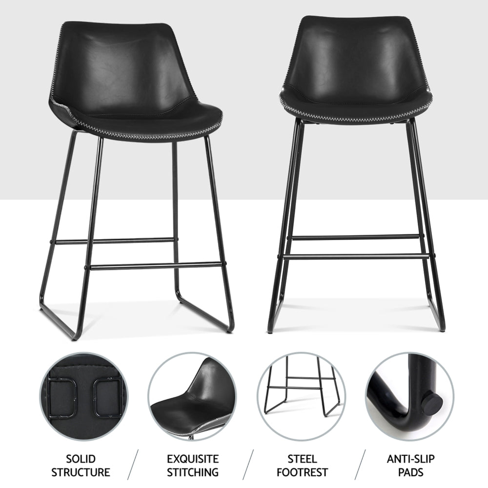 4x Bar Stools Leather Padded Metal Legs Black