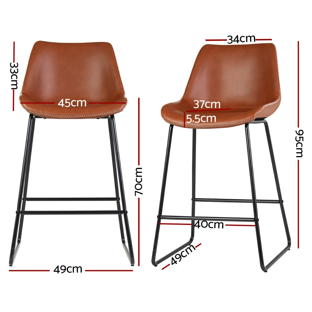 4x Bar Stools Leather Padded Metal Legs Brown