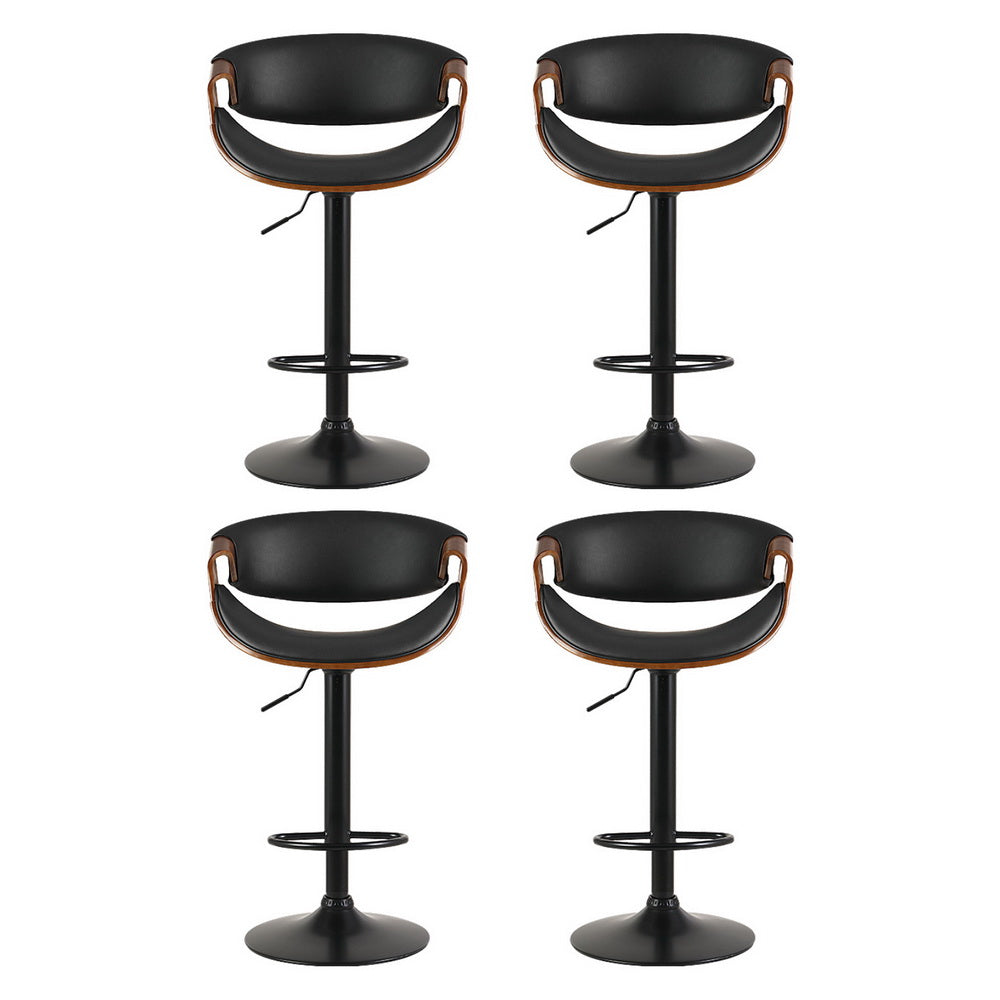 Set of 4 Landon Wood and Leather Gas Lift Bar Stools Black