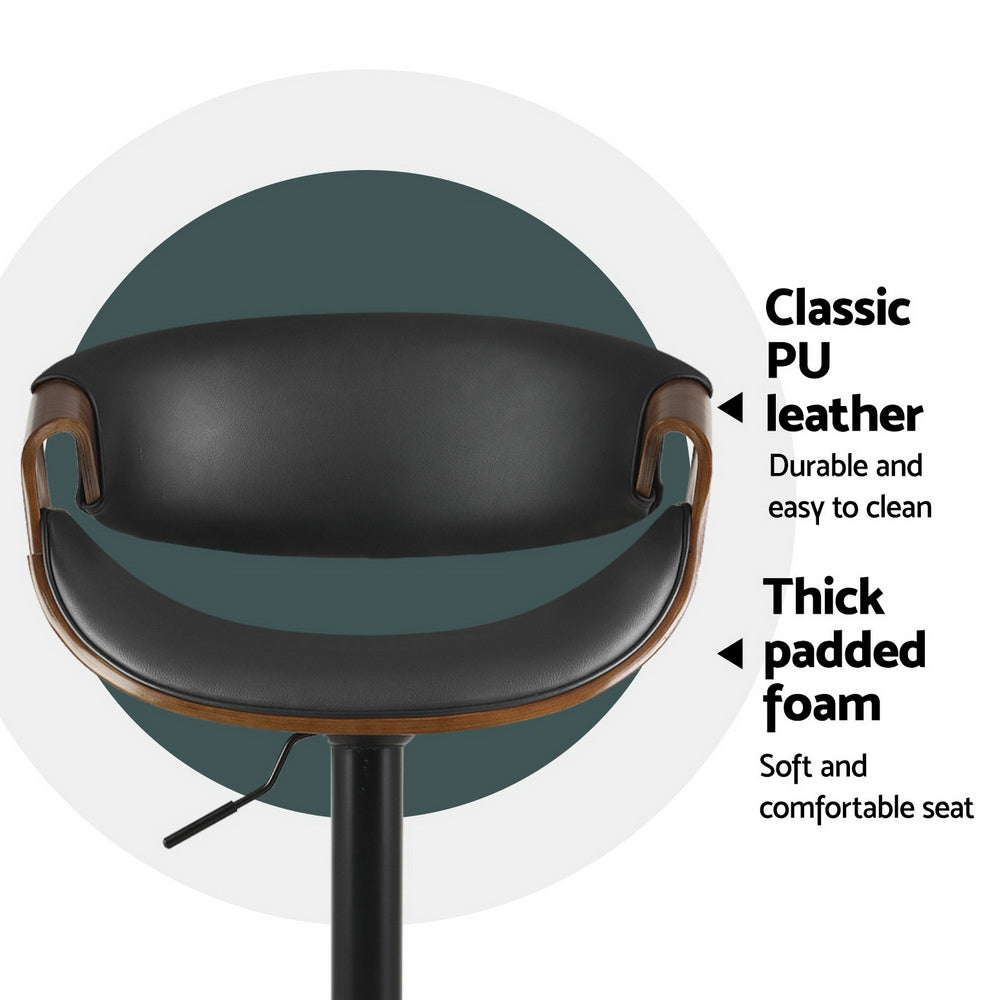 Set of 4 Landon Wood and Leather Gas Lift Bar Stools Black