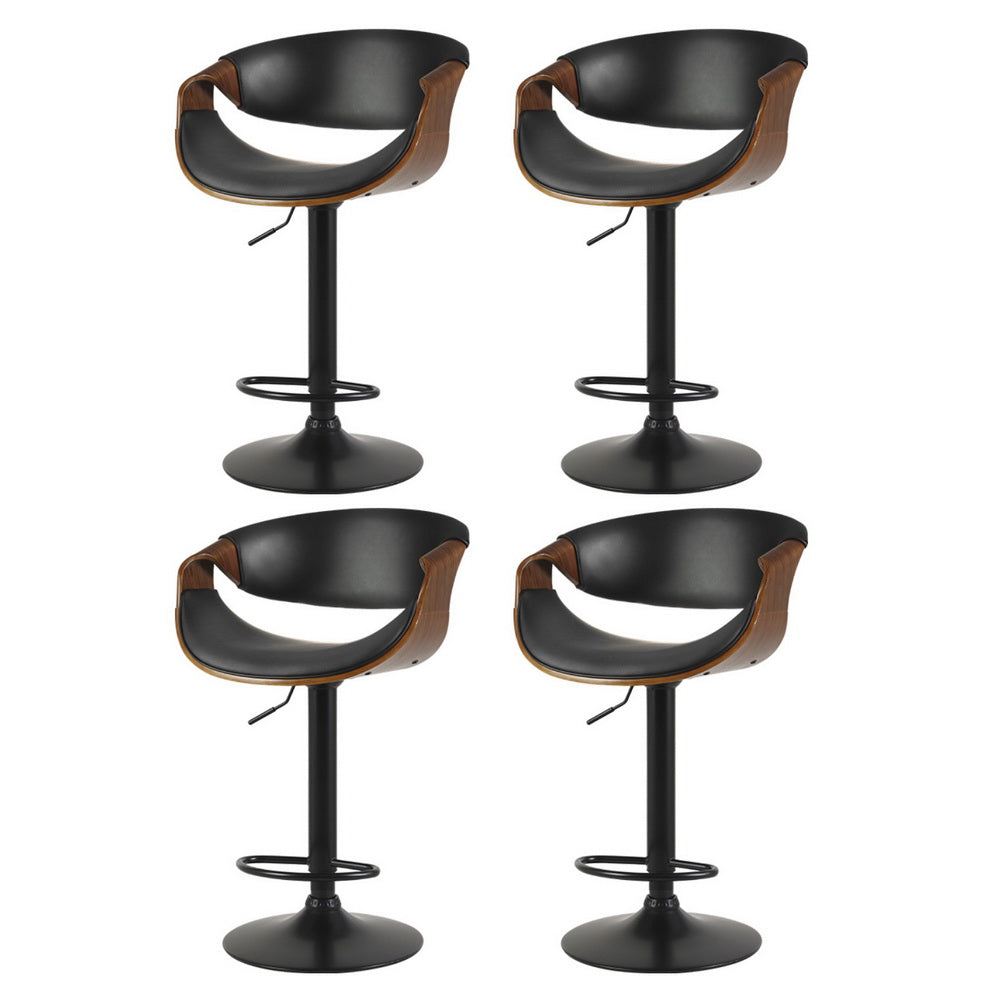 Set of 4 Landon Wood and Leather Gas Lift Bar Stools Black