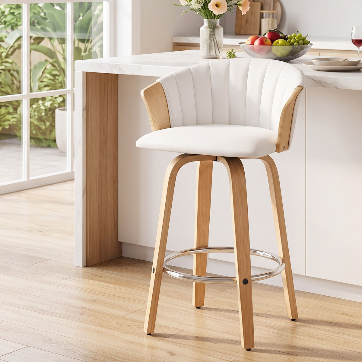 66cm Seat Height Wooden Swivel Bar Stool Kitchen Counter Chair - White