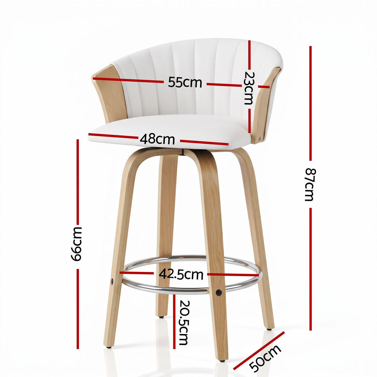 66cm Seat Height Wooden Swivel Bar Stool Kitchen Counter Chair - White