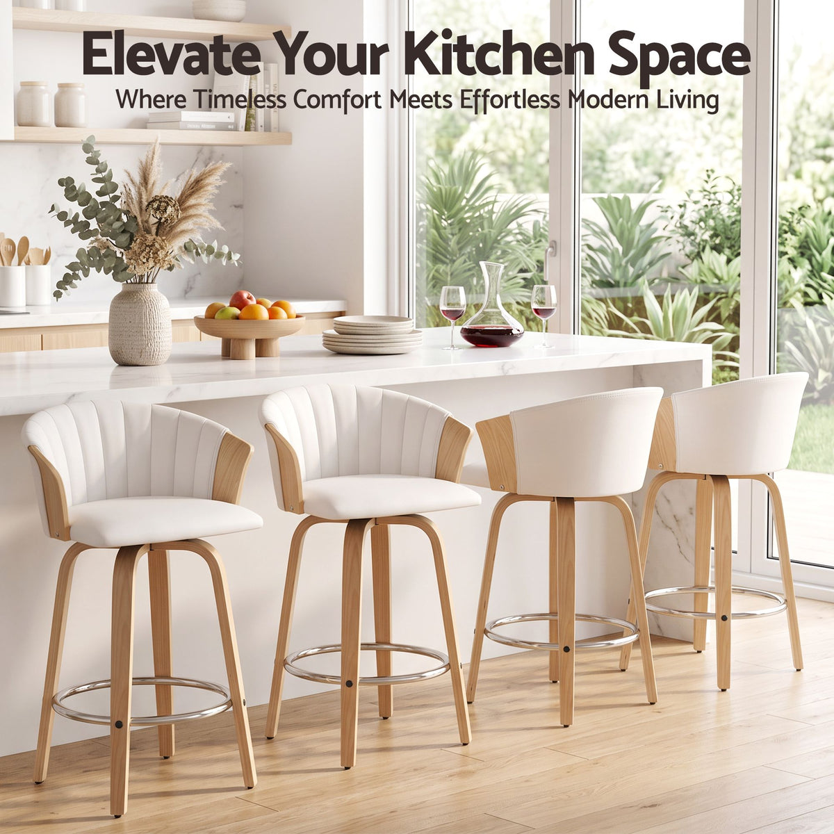 66cm Seat Height Wooden Swivel Bar Stool Kitchen Counter Chair - White