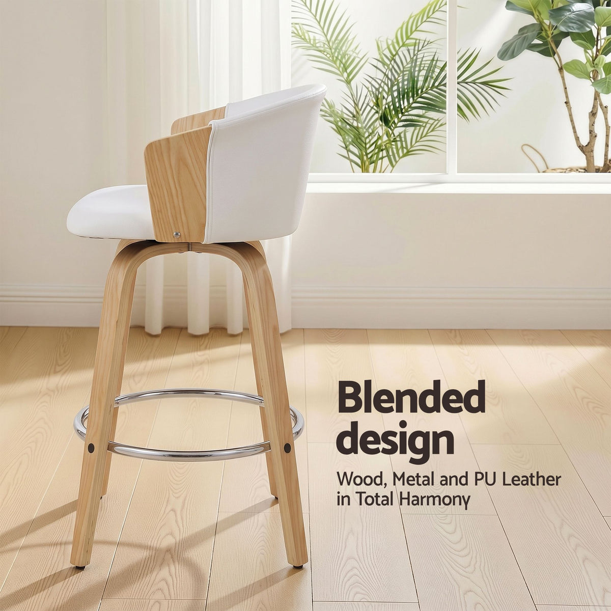 66cm Seat Height Wooden Swivel Bar Stool Kitchen Counter Chair - White