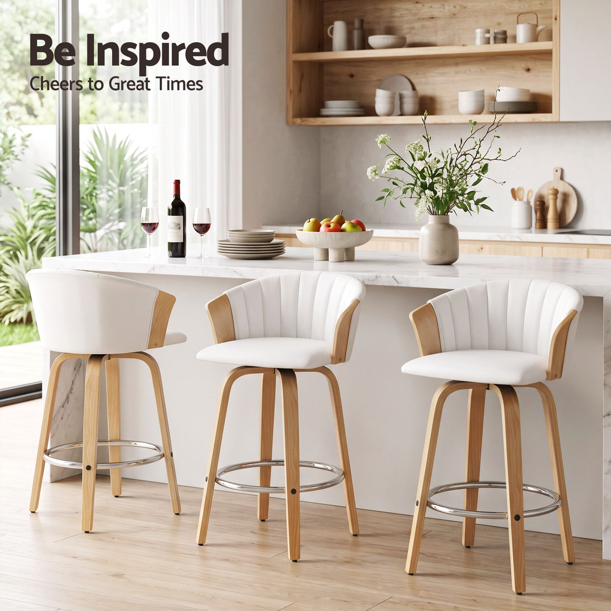 66cm Seat Height Wooden Swivel Bar Stool Kitchen Counter Chair - White
