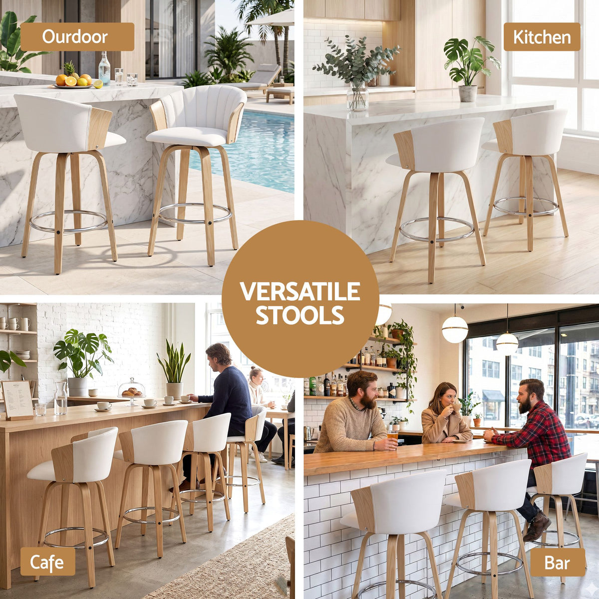 66cm Seat Height Wooden Swivel Bar Stool Kitchen Counter Chair - White