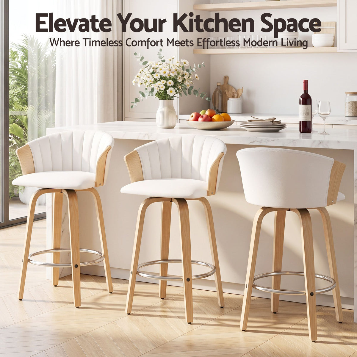 Set of 3 Wooden Swivel Kitchen Counter Bar Stools 66cm - White