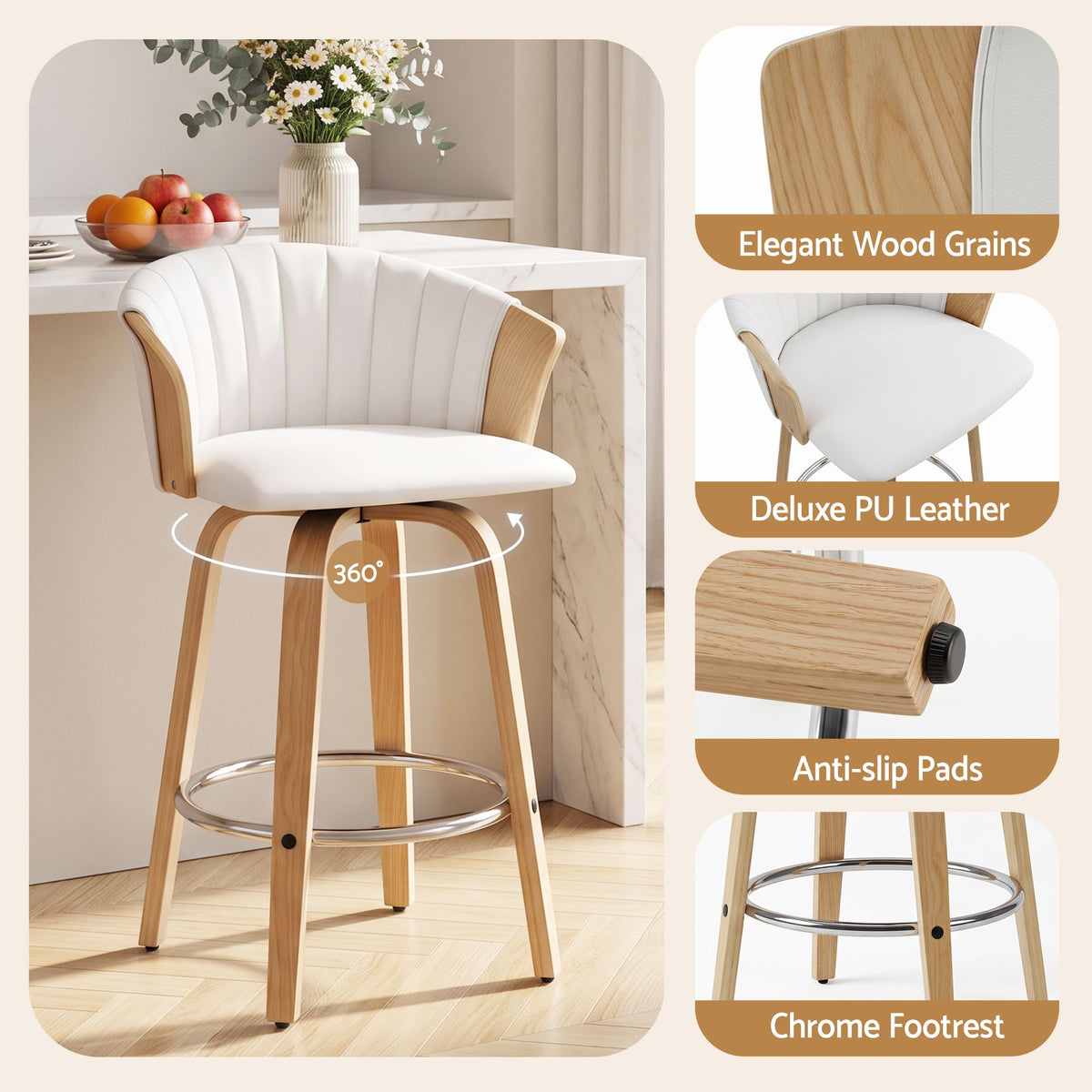 Set of 3 Wooden Swivel Kitchen Counter Bar Stools 66cm - White